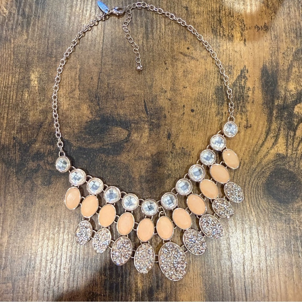 Rose Gold Tone Peach Crystal Chunky Y2K Statement Necklace! - Picture 2 of 6